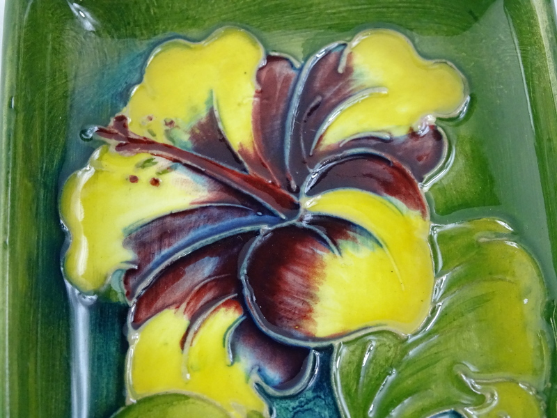 A Moorcroft Fuschia pattern rectangular tray, decorated with flowers on a green ground, impressed - Image 2 of 3