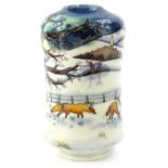 A Moorcroft Woodside Farm pattern vase, decorated with a winter landscape with foxes etc., signed to