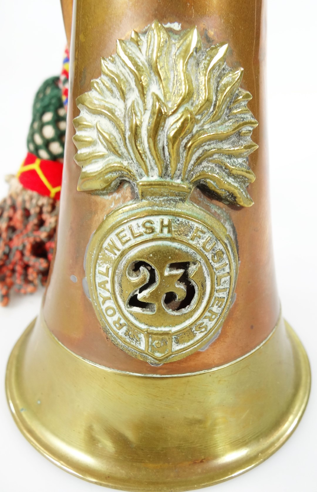 A Royal Welsh Fusiliers insignia mounted brass and copper bugle, 31cm H. - Image 4 of 4