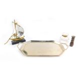 A Jugendestil plated twin handled tray, No 5564, impressed marks, 38cm W, a brass and aluminium