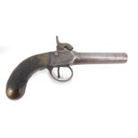 An early 19thC percussion pocket pistol, with steel barrel, and tooled wooden stock, bears proof