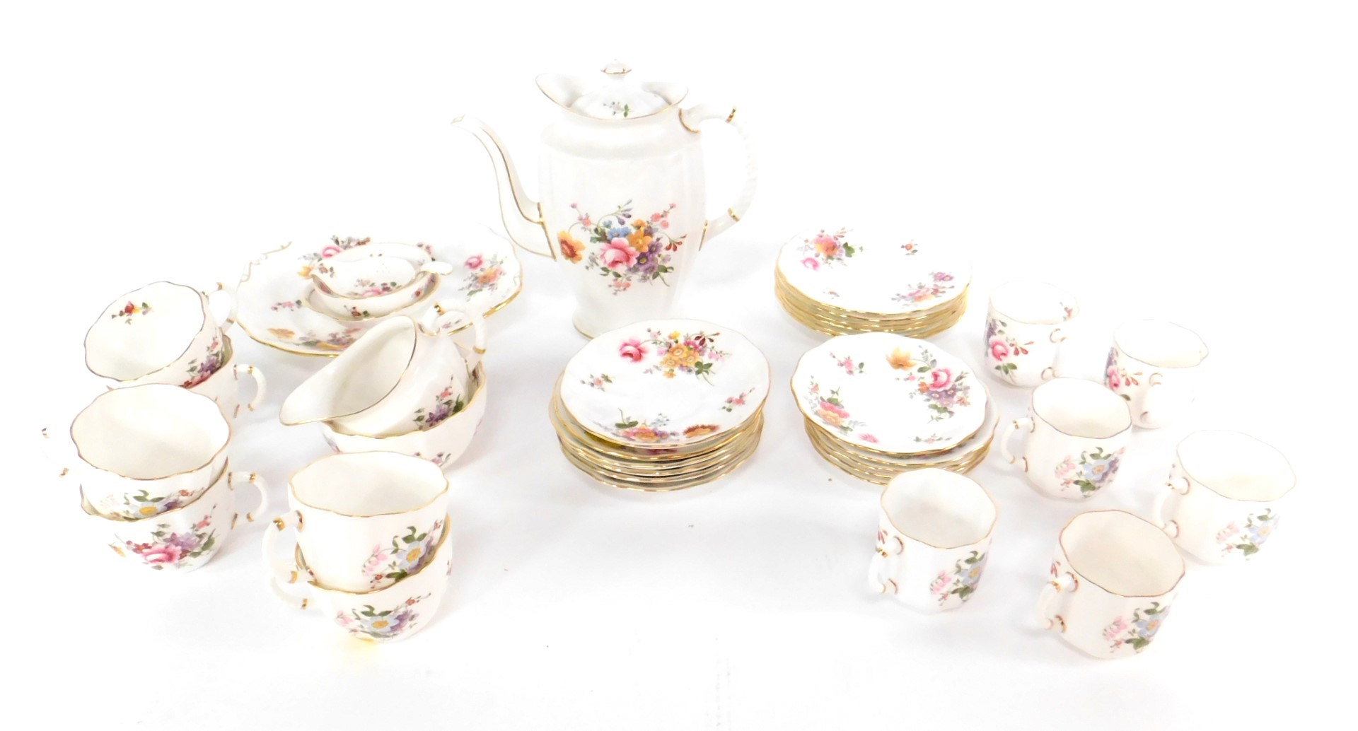 A Royal Crown Derby porcelain part tea and coffee service decorated in the Derby Posies pattern,