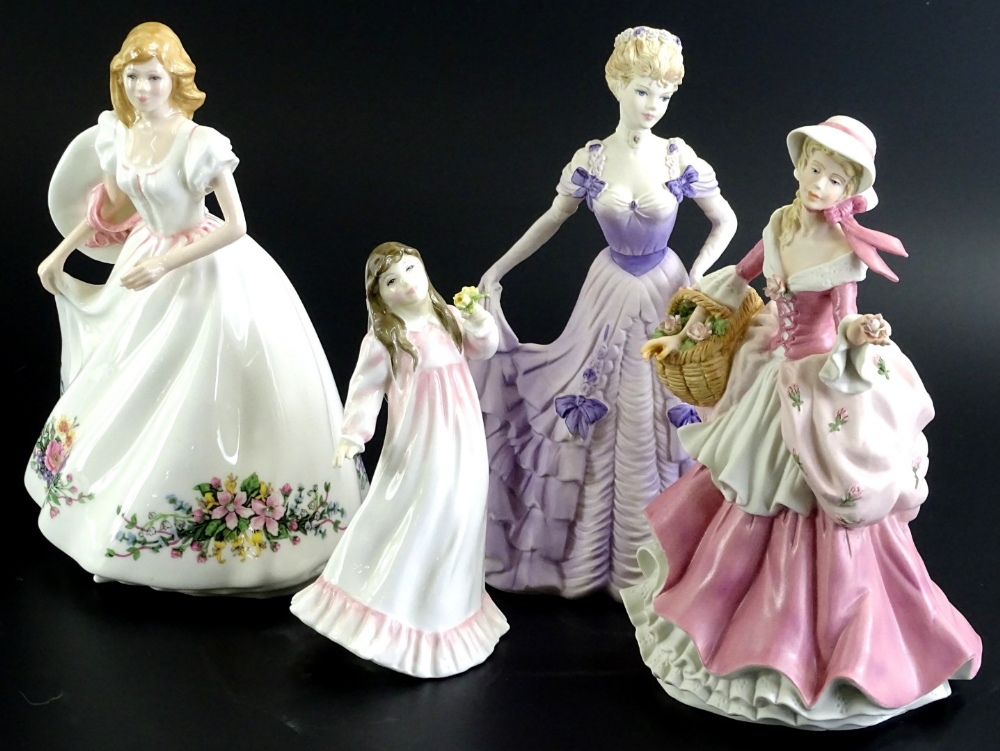 A collection of porcelain figures, to include Royal Doulton Joanne, Wedgwood Rose, Coalport First