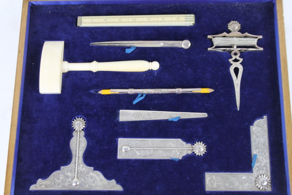 A George V silver and ivory Masonic Lodge tool set, by Toye & Co, comprising various tools, ruler, - Image 4 of 10