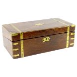 A Victorian walnut and brass writing box, with a vacant cartouche and fitted interior, 50cm W.