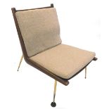 A Danish teak side chair, with loose cushions to the back and seat on tapering brass legs, label for