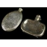 A Victorian silver oval hip flask, decorated with scrolls etc., Birmingham 1860 and another hip