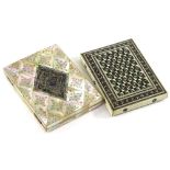 Two Victorian card cases, one engraved mother of pearl with silver coloured cartouche, the other