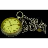 A silver plated pocket watch, with white enamel dial, seconds dial, key wind, replacement glass on a