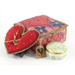 A Claire Sowden small fabric heart shaped clock, in a similarly embroidered travelling box with