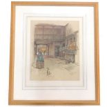 Cecil Aldin. Rear view of an inn, artist signed coloured print with blind stamp, 43cm x 36cm.
