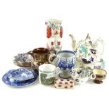 A collection of ceramics, to include a Staffordshire spaniel jug, Victorian porcelain teapot,