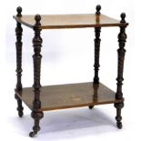 A Victorian walnut and marquetry two tier what-not, on turned supports, with ceramic castors, 49cm