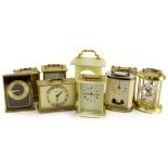 Various brass and brass effect carriage type clocks, to include Estyma, President, Avia, an onyx