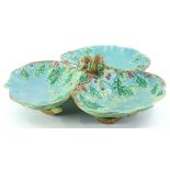 A 19thC George Jones three section Majolica dish, decorated with holly, impressed marks to