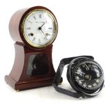 A mahogany mantel clock in 19thC style, the dial stamped Fox & Simpson, 35cm H and a ships' compass,