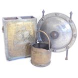 A collection of metalware, to include a shield shaped spark guard, brass coal bucket and a two