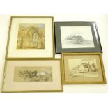 19thC British School. Abbey interior, watercolour, initialled, 30cm x 25cm and three other drawings.