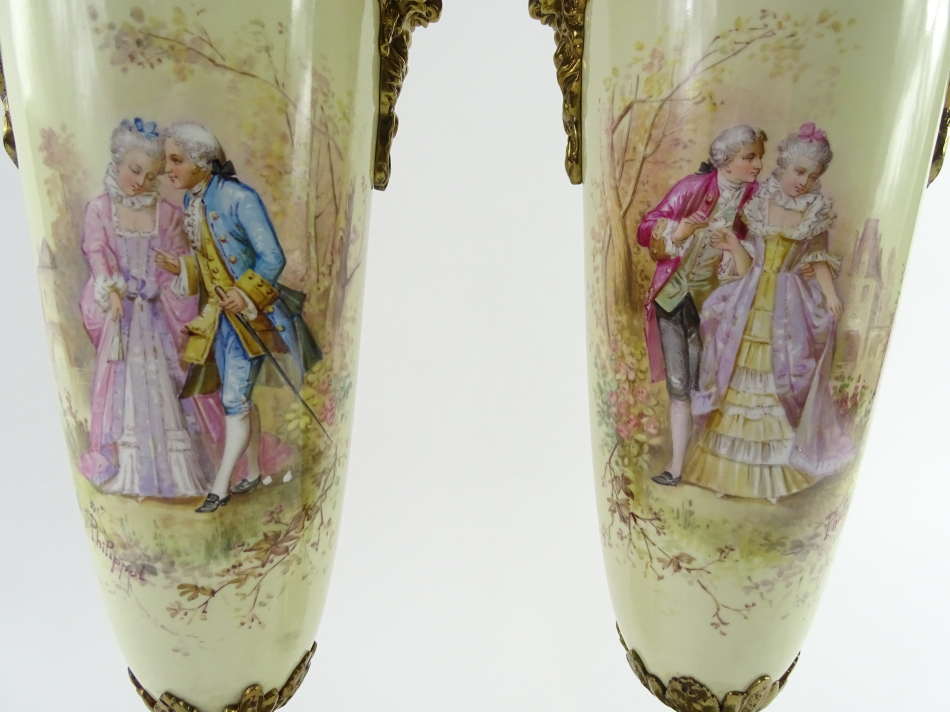 A pair of Sevres style porcelain urns and covers, each with gilt metal mounts and decorated with - Image 3 of 5