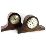 Two Napoleons hat type mantel clocks, each with a silvered dial, one with mahogany case, the other
