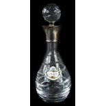 A modern glass decanter and stopper, with silver collar, and a Crown Staffordshire port decanter