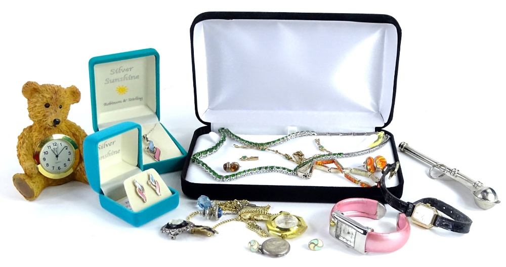 A quantity of silver and other costume jewellery, including a 9ct gold bar brooch, 9ct gold