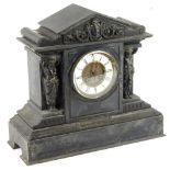 A late 19thC French black slate and gilt metal portico type clock, the enamel dial with Roman