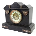 A French black slate and marble mantel clock, the shaped top above a part enamel dial, decorated