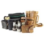A quantity of binoculars, opera glasses etc., to include a military type pair in leather case.