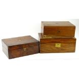 Three Victorian walnut work boxes, each with brass escutcheons, (AF) the largest 35cm W.