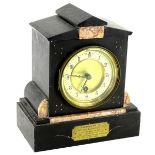 A French black slate and marble mantel clock, the enamel type dial with Arabic numerals, bearing