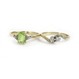 Two 9ct gold dress rings, to include a 9ct gold and diamond set twist ring, and a 9ct gold peridot