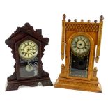 Two American mantel clocks, one with carved ash case, painted dial and verre eglomise embellishment,