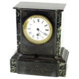 A French black slate and marble mantel timepiece, the white enamel dial with Roman Numerals, 26cm