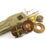 A collection of fishing tackle, to include James Aspindale rod, mahogany and brass reel, hardwood