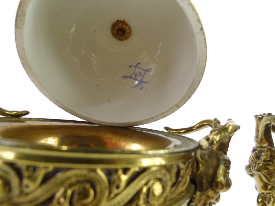 A pair of Sevres style porcelain urns and covers, each with gilt metal mounts and decorated with - Image 2 of 5