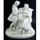 A late 19thC Dresden white glazed porcelain figure group, depicting a lady seated with a fan