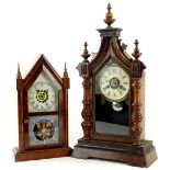 Two American mantel clocks, each with turned finials, painted dial, 56cm & 38cm H respectively.