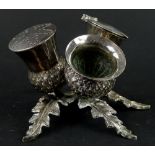 An unusual silver plated triple thistle shaped cruet, stamped Hamilton and Inches, 12cm W.