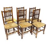 A Harlequin set of six 19thC Lancashire spindle back Windsor chairs, each with a rush seat, on