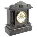 A late 19thC French style ebonised portico type clock, the enamel type dial with Roman numerals,