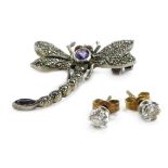 Two items of jewellery, to include a silver and marcasite set dragonfly brooch, and a pair of