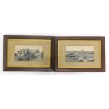 A pair of woven silk pictures by T Stevens, depicting Kenilworth Castle and Coventry, monochrome,