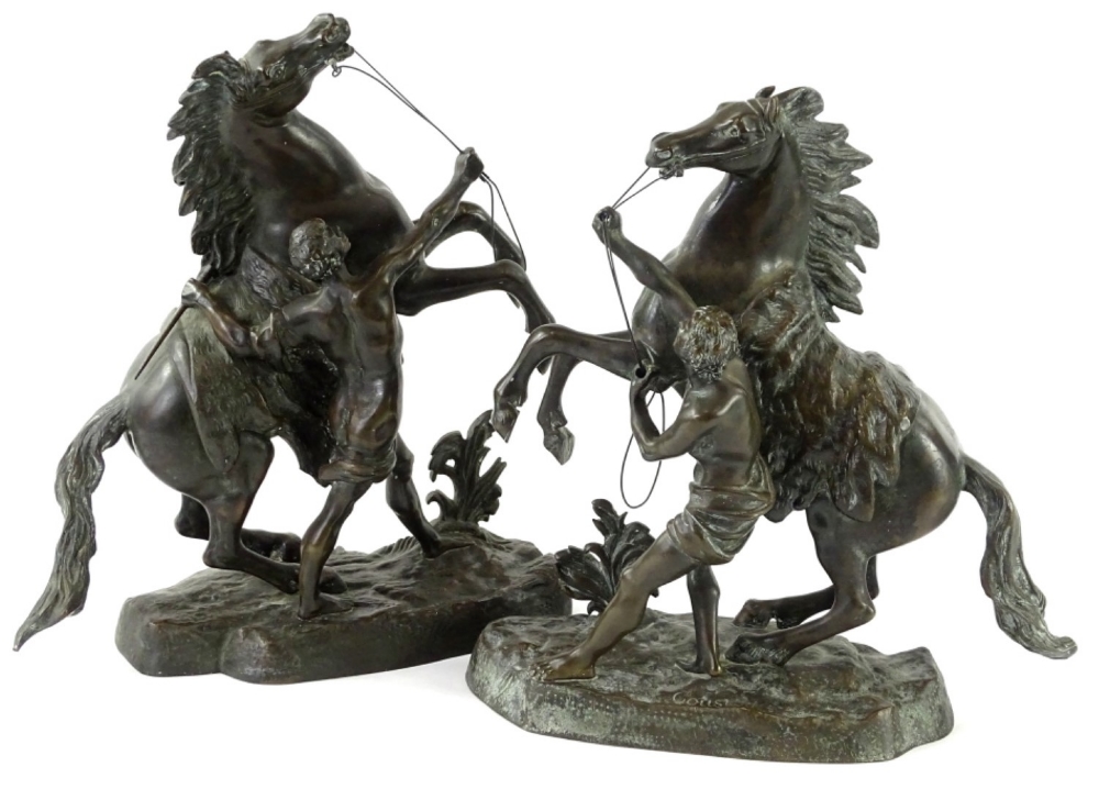 After Coustou. Marley horses, bronze, a pair, 29cm & 28cm H respectively.