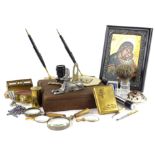 Miscellaneous items, to include an onyx desk stand, gilt metal calendar, a shaving brush, microscope