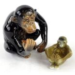A Sylvac model of a seated chimpanzee, and a Continental porcelain monkey ashtray. (2)