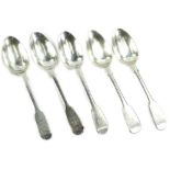 A set of five Victorian silver fiddle pattern dessert spoons, engraved with a crest, London 1852,