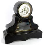 A French black slate mantel timepiece, the shaped case decorated with simulated malachite, the