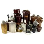 Various silver plated pewter and other hip flasks, sets of beakers etc., mainly in leather or