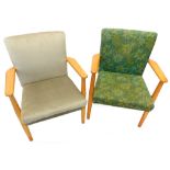 Two similar 1960s retro style chairs, one with original green floral upholstery.The upholstery in